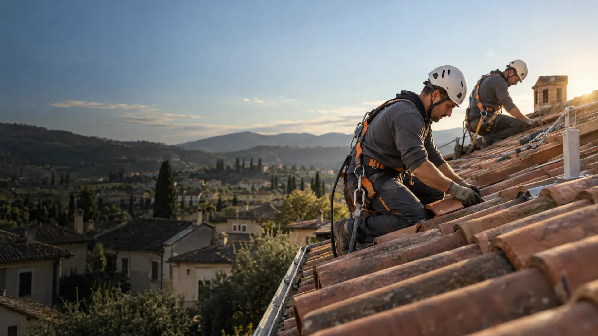 Tecnici con casco e imbracatura al lavoro su un tetto in coppi con vista sulle colline